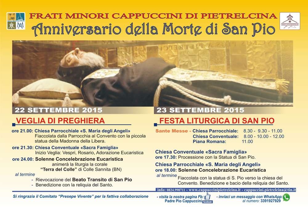 Anniversario Della Morte Di San Pio Da Pietrelcina Padre Pio Convento Frati Minori Cappuccini Di Pietrelcina